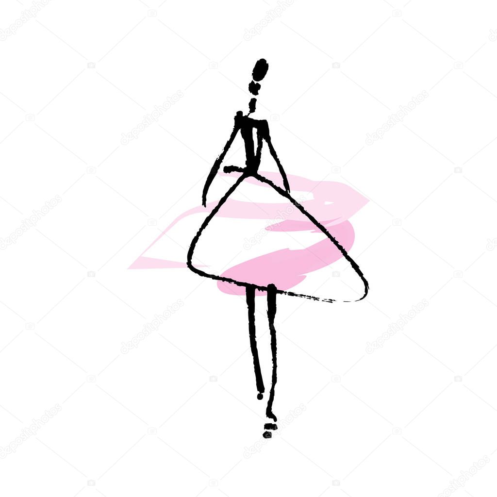 Fashion model hand drawn sketch, stylized ink and watercolor silhouette isolated on white background. Vector illustration