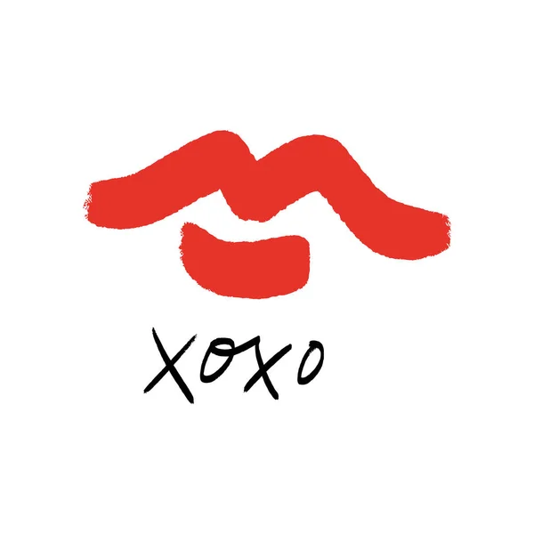 Hand Drawn Red Lipstick Kiss Symbol Hugs Kisses Text Vector — 스톡 벡터