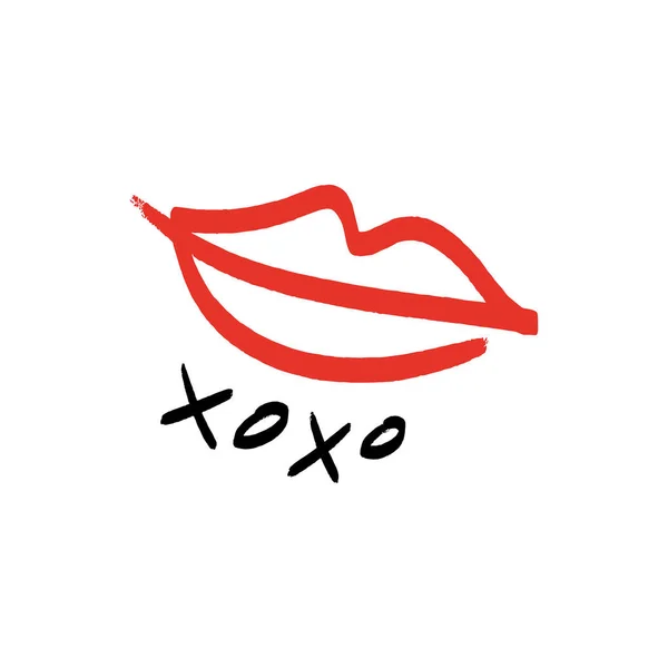 Hand drawn red lipstick kiss symbol, hugs and kisses text. Vector illustration