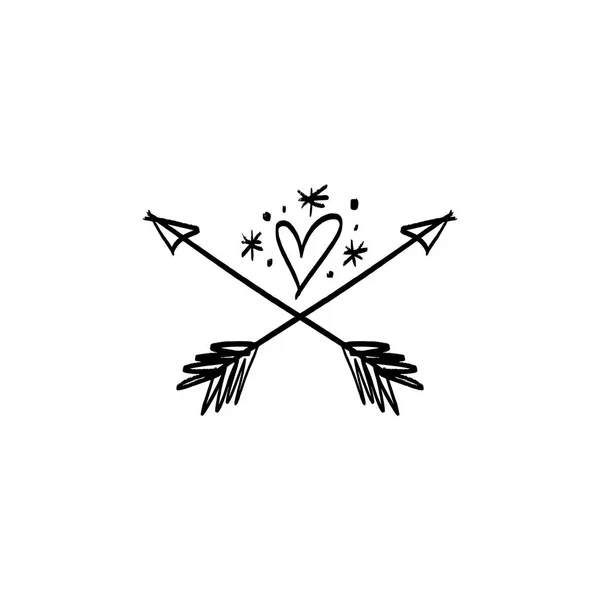 Emblema Magico Cuore Frecce Logo Mano Tatuaggio Stile Boho Elementi — Vettoriale Stock