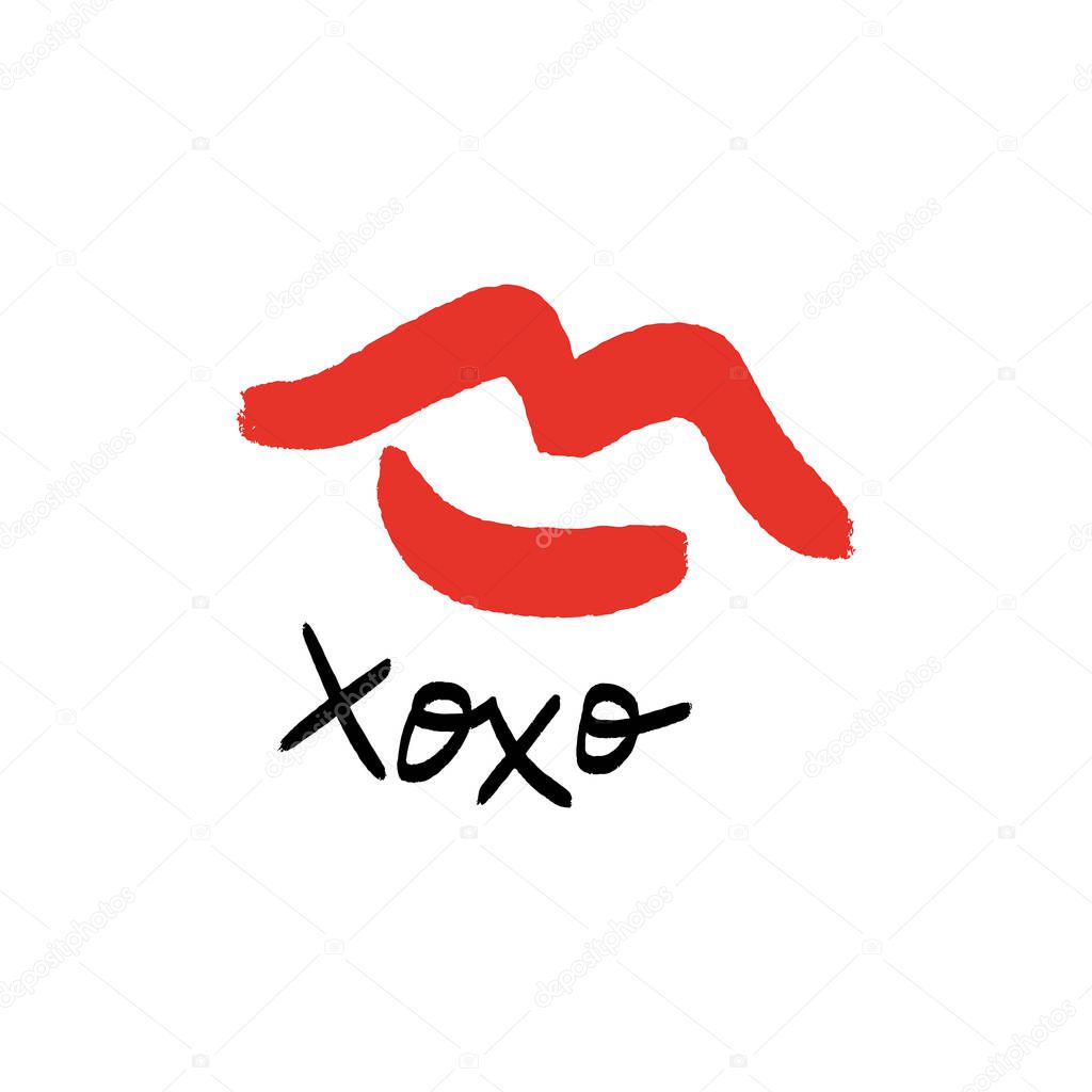 Hand drawn red lipstick kiss symbol, hugs and kisses text. Vector illustration