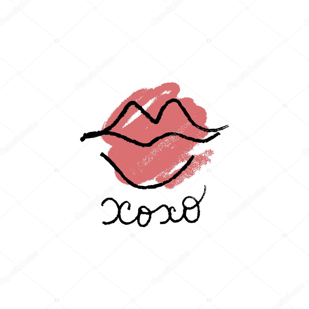 Vector hand drawn lips symbol, logo element template. Simple minimal lines style. Hugs and kisses handwritten text. Good for postcard, poster, greeting card