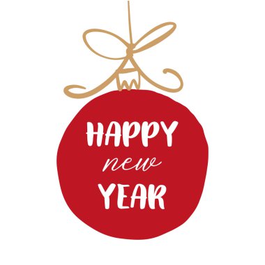 Elle çizilmiş vektör yeni yıl yazı kartı, oyuncak topu çizimi. Basit İskandinav tarzı