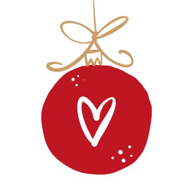 Elle çizilmiş vektör Christmas illüstrasyon oyuncak top kalp simgesi olan. Kırmızı renk.