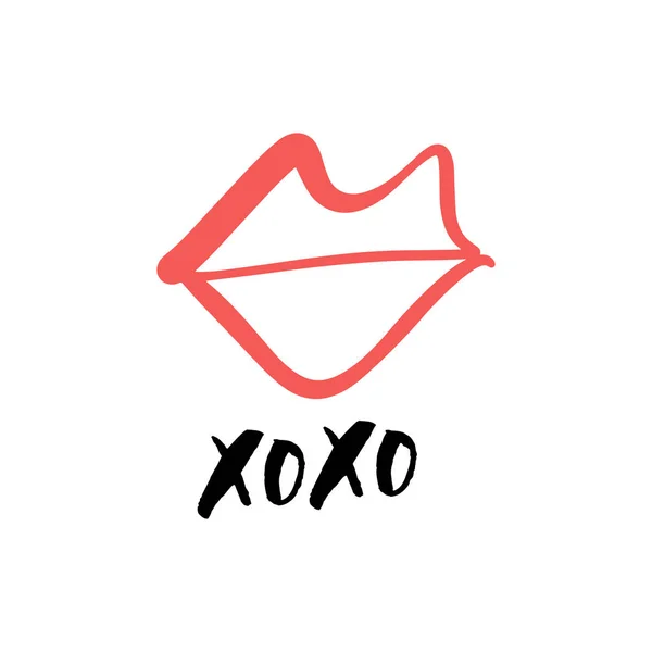 Hand drawn color lips kiss symbol, hugs and kisses text. Print for card, poster, banner, t-shirt, other clothes and more. Isolated EPS vector.