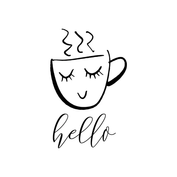 紅茶やコーヒーのベクトルかわいい漫画のカップ 線画イラスト デザインカフェメニューの印刷など 白地に隔離された — ストックベクタ