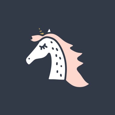 Arka plan ile kağıt stil kolaj kesme tek boynuzlu at yüz. Vektör çizim karikatür el yapımı bebek odası tarzında. İyi Kupalar, t-shirtler, Notebook, posterler ve kartpostallar.