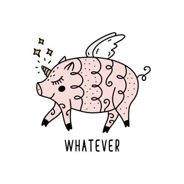 Vektör komik domuz kız tek boynuzlu at sanat. Sihirli unipig. Poster ve başlık sayfası öğesi, çocuk kitap Illustration, posta kartı, hediye kartı, Yazdır, etiket, etiket ve diğer. Beyaz arka plan üzerinde izole.