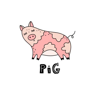 Şirin tek boynuzlu at domuz surat ile kartpostal için yeni yıl 2019. Çin takviminde sembolü. Karikatür doodle tarzı. İzole vektör çizim.