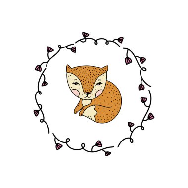 Vektör şirin fox ve boho çerçeve çiçek. Poster ve başlık sayfası öğesi, çocuk kitap Illustration, posta kartı, hediye kartı, Yazdır t-shirt ve daha fazlası için etiket, etiket ve diğer. Beyaz arka plan üzerinde izole.