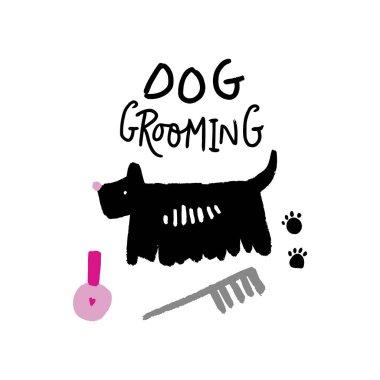 Köpek salon damat alet. Elle çizilmiş illüstrasyon vektör, stil doodle. Poster ve başlık sayfası için iyi. Beyaz arka plan üzerinde izole.