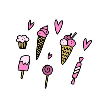 Vektör pop sanat doodle şeker öğeleri kümesi. Poster ve başlık sayfası öğesi, çocuk illüstrasyon, kartpostal, parmak izi, çıkartmalar, etiketleri ve diğer. İğne için iyi. Beyaz arka plan üzerinde izole.