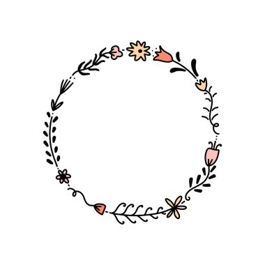 Vektör şirin çiçekler, boho çerçeve. Poster ve başlık sayfası öğesi, çocuk kartpostal illüstrasyon, hediye kartı, Yazdır, etiket, etiket ve diğer. Beyaz arka plan üzerinde izole.