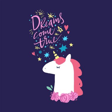 Vektör ve jpg resim, küçük resim, düzenlenebilir izole ayrıntılar. Hayalleri gerçek metin oldu. Tek boynuzlu at baş sevimli sanat, Bebek şık illüstrasyon, posterler, kartları, kupalar, elbise ve diğer benzersiz baskı.