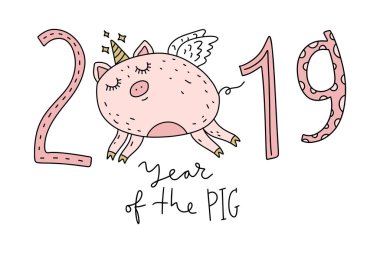 Şirin tek boynuzlu at domuz surat ile kartpostal için yeni yıl 2019. Çin takviminde sembolü. Karikatür doodle tarzı. İzole vektör çizim.