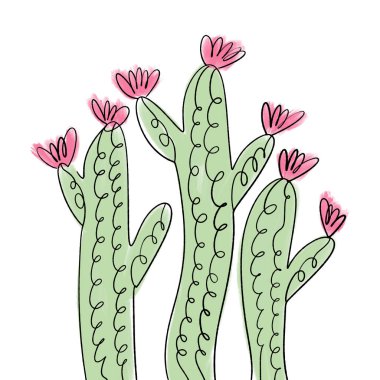 Elle çizilmiş kaktüsler sanat. Benzersiz şık modern resim, ışık renkleri soyut poster, oda dekorasyon. Vektör çizim, clipart.