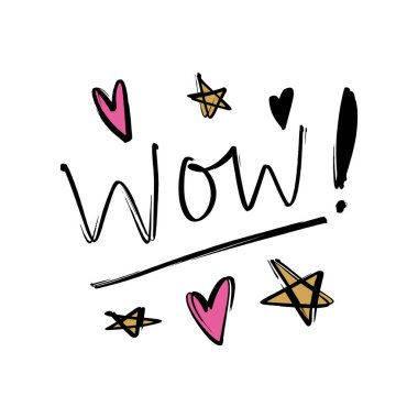 Vektör Wow yazıt ve dekor öğeleri. Posterler, kartları, kupalar, giysiler için baskı ve diğer.