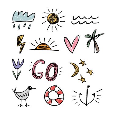 Komik doodle yaz simgeler. Bebek şık art çıkartma. Vektör çizimler.