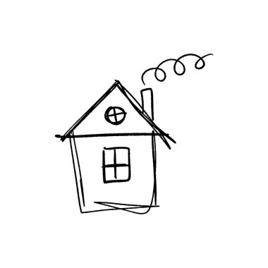 Küçük ev basit kroki. Doodle tarzı. Çocuk çizim. Beyaz arka plan üzerinde izole.