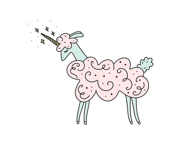 Kartun Lucu Llama Alpaca Dengan Tanduk Unicorn Emas Vektor Ilustrasi - Stok Vektor