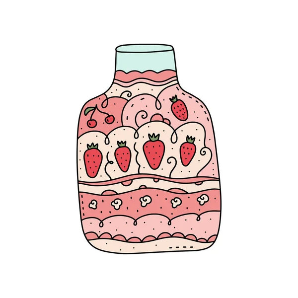 Aardbeienjam Pakket Glazen Pot Doodle Vectorillustratie Geïsoleerd Witte Achtergrond — Stockvector