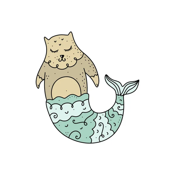 Niedlichen Lustigen Katze Meerjungfrau Illustration Doodle Stil Vektor Und Jpg — Stockvektor