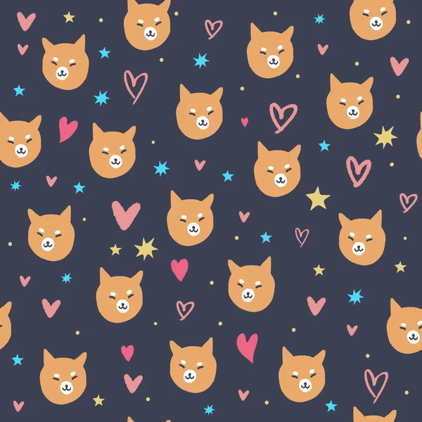 Vector Shiba Inu Patrón Perro Corazones Ilustración Cara Del Cachorro — Archivo Imágenes Vectoriales