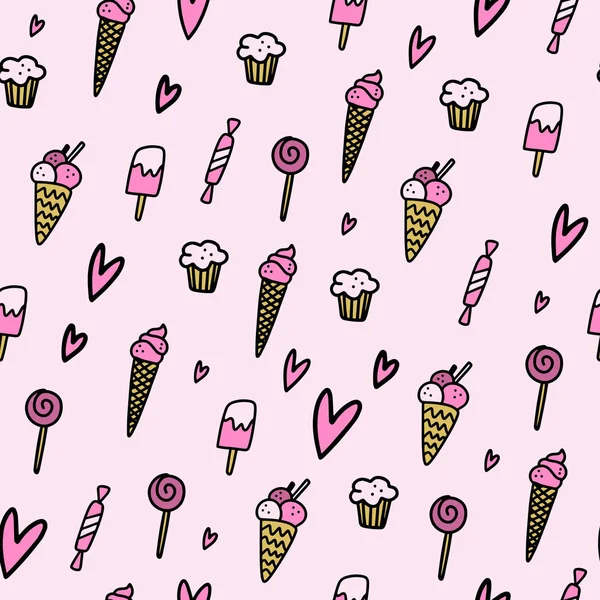 Padrão Sorvete Doces Vetorial Fundo Rosa Ilustrações Doodle Linha — Vetor de Stock