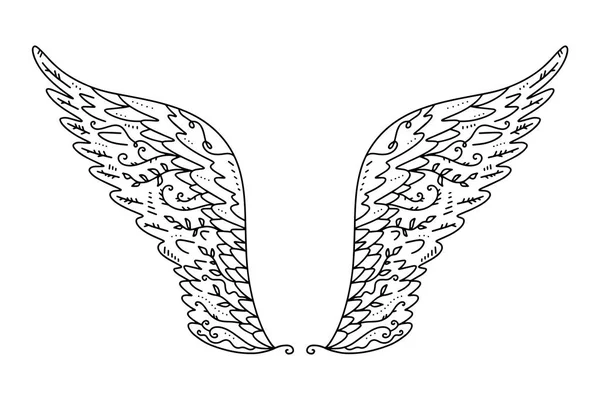 天使或鸟的翅膀 复古设计元素 装饰着色元素和纹身模板 向量例证 时尚手绘涂鸦风格的符号 — 图库矢量图片