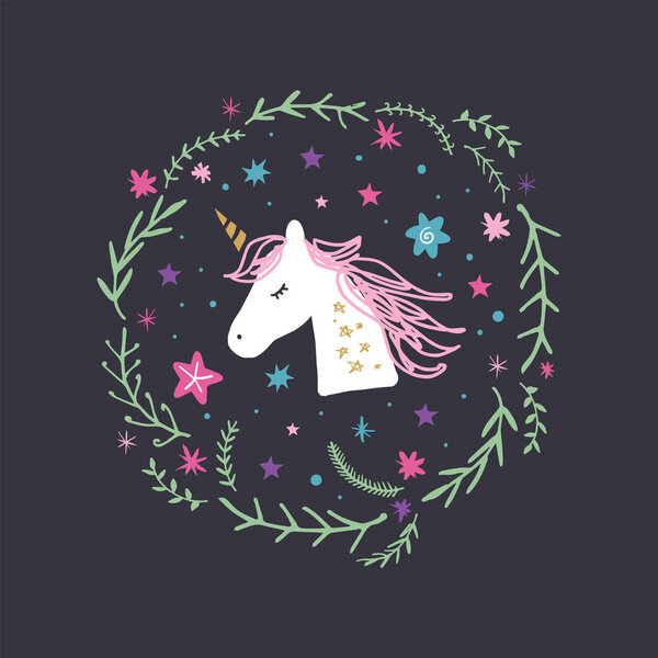 Unicorn head cute art, baby stylish illustration, nursery wallpaper. Vector and jpg image, clipart.