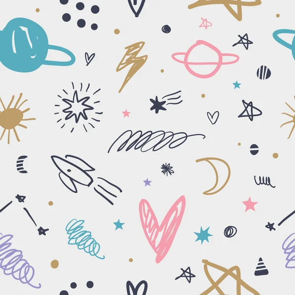 Vector Doodle Space Pattern Illustrations Kids Nursery Wallpaper Background — Stock Vector