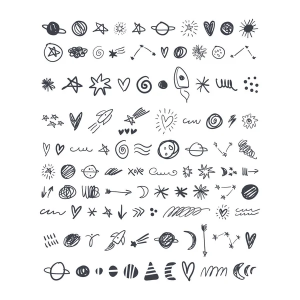 Cute Cartoon Planets Space Icons Set Illustrations Kids Poster Nursery — Stock Vector