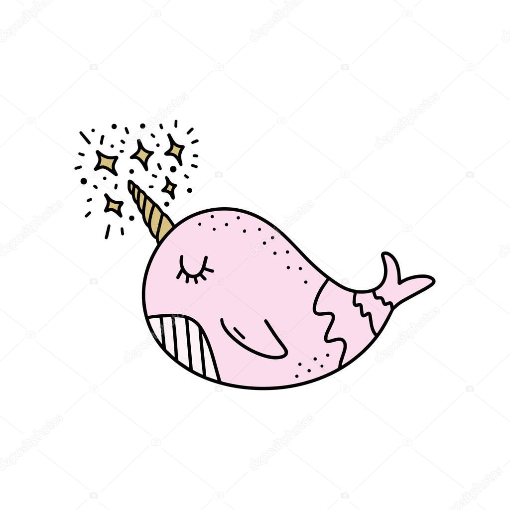 Vector cute little narwhal art. Poster and banner element, children's book illustration, postcard, gift card, print for t-shirt and more, sticker, label and other. Isolated on white background.