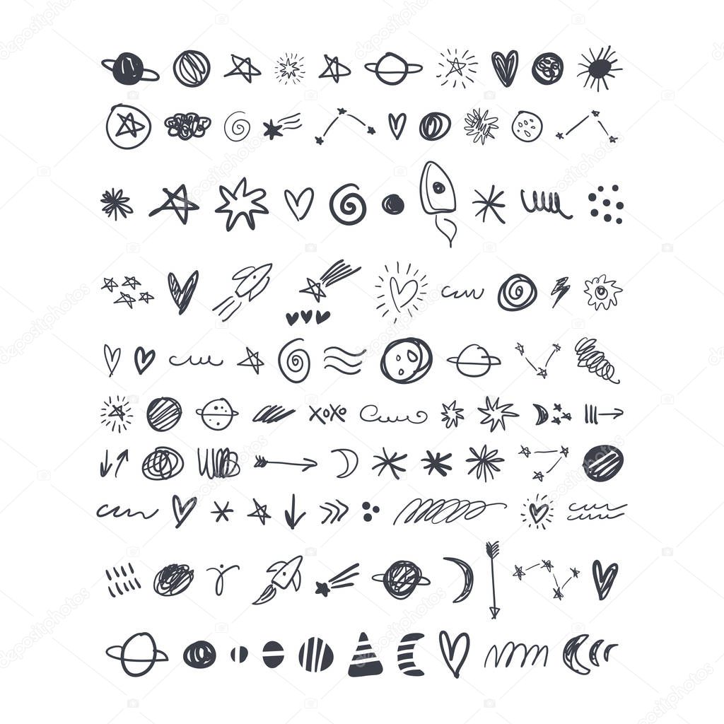 Cute cartoon planets and space icons set. Illustrations for kids, poster, nursery wallpaper, background.