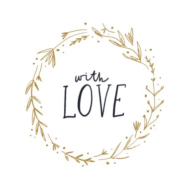 Vektör çerçeve çiçek boho ve işaret sevgi ile. Beyaz arka planda, tek görüntü şablon.