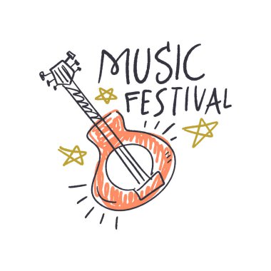 Müzik Festivali vektör çizim, gitar sanat ve metin yazı. Elle çizilmiş afiş, poster, kartpostal veya t-shirt baskı.