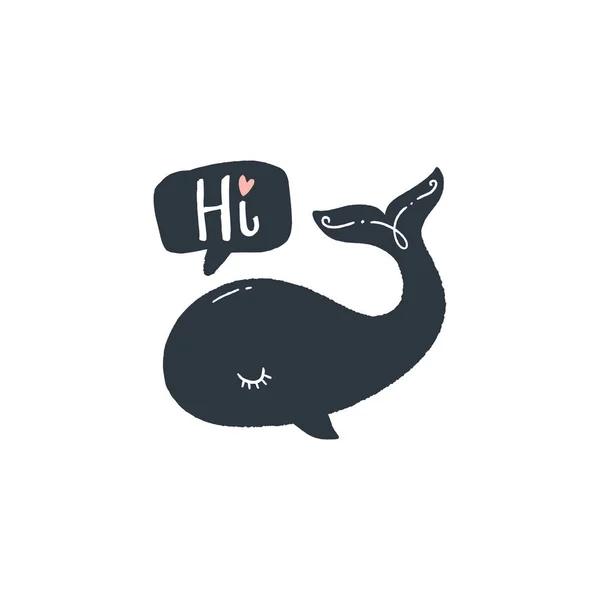Liten Söt Whale Säger Hej Handritad Eleganta Plantskola Konst Vektorillustration — Stock vektor