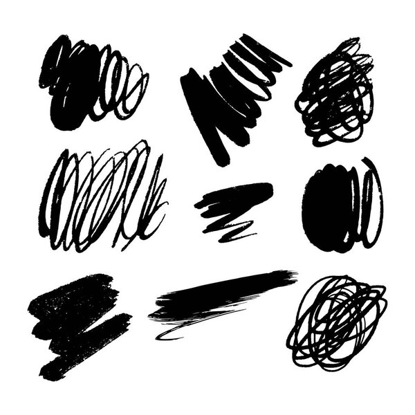 Simple black ink vector brush spots set, tangled lines. Hand drawn vector elements.