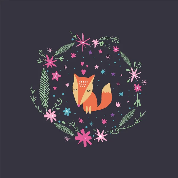 Vector Schattig Fox Floral Frame Sterren Kwekerij Illustratie Het Kan — Stockvector