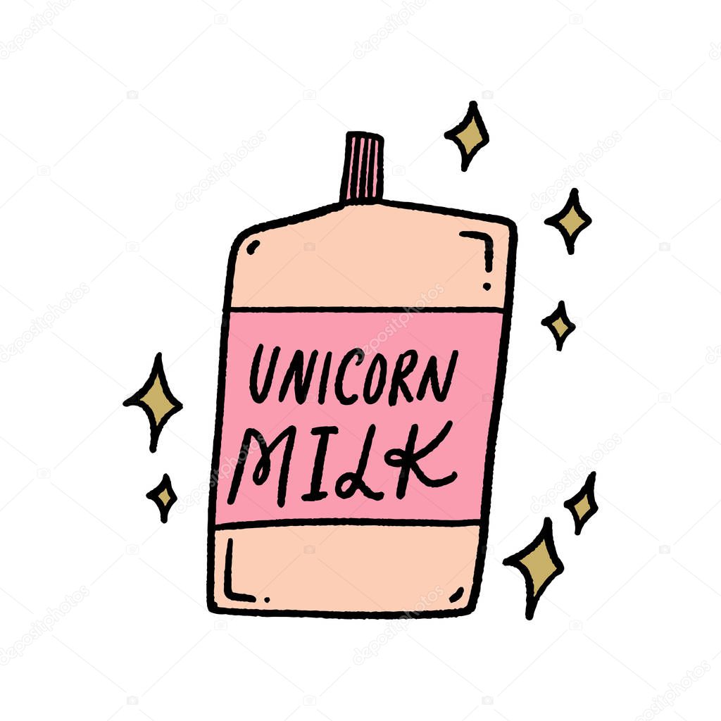 Unicorn milk bottle doodle art. Good for t-shirts. postcards and stickers. Vector illustration.
