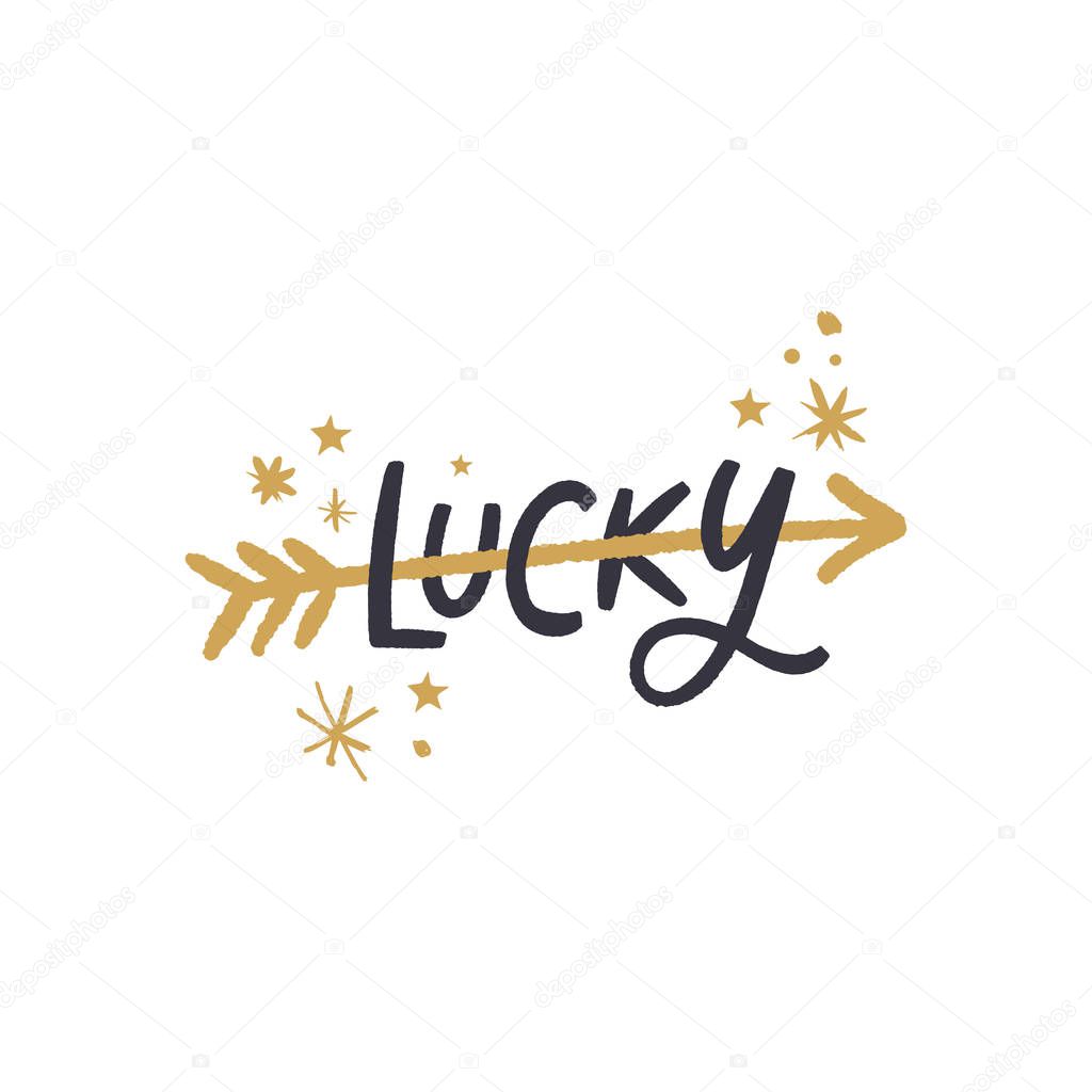 Vector boho lettering inscription Lucky. Decor elements for your stuff and graphic design. Good for gift card and kids products. Clipart. Isolated.