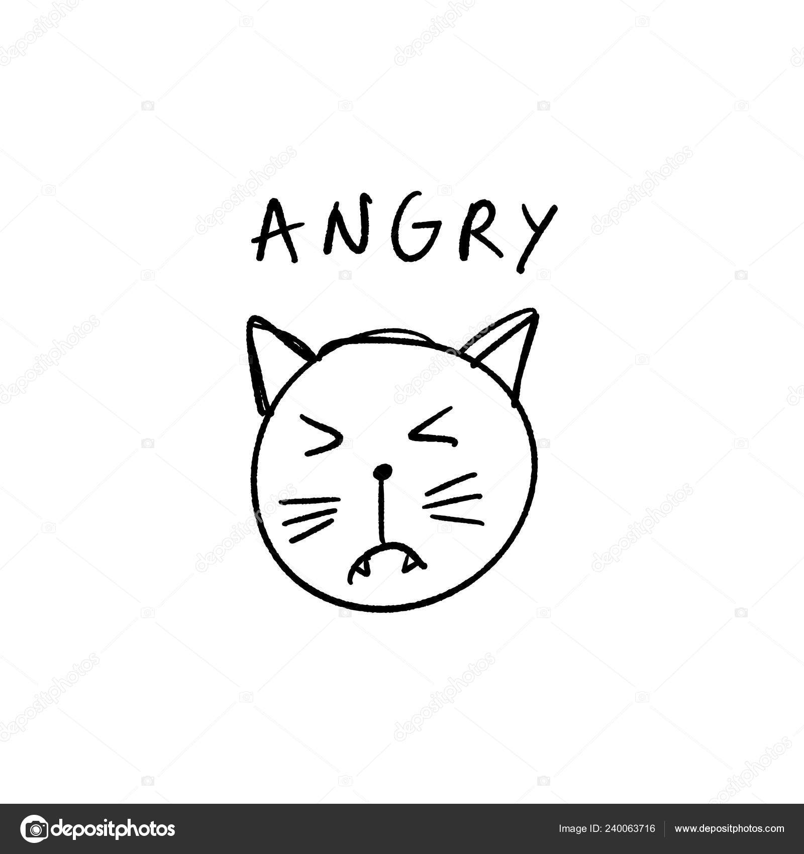 Angry black cat face clipart isolated on white. Cartoon style