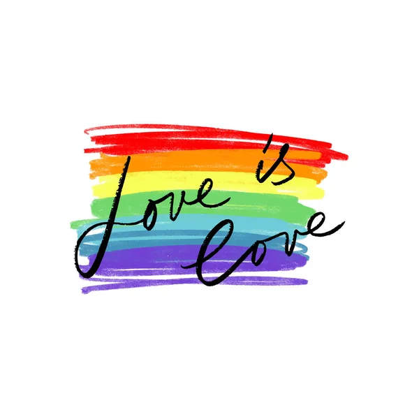 Lgbt フラグとレタリング本文愛は愛であります 虹の色で手描き 自由と愛の概念 バッジやステッカー ベクトル図 — ストックベクタ
