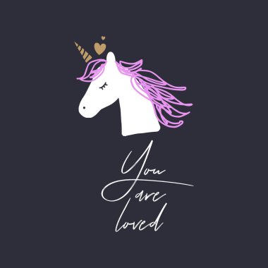 Aşk, Bebek şık illüstrasyon, posterler, kartları, kupalar, elbise ve diğer benzersiz baskı tek boynuzlu at. Vektör ve jpg resim, küçük resim, düzenlenebilir izole ayrıntıları.