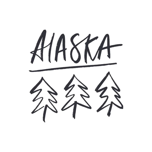 Vecteur Dessiné Main Stylisé Logo Alaska Avec Des Arbres Étiquette — Image vectorielle