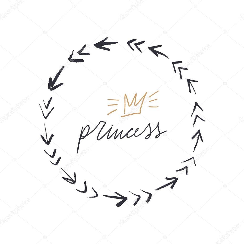 Hand lettered baby princess label, lettering and frame. Stylish girl print for posters, cards, mugs, clothes and other. Vector Illustration, clipart. Isolated on white background.