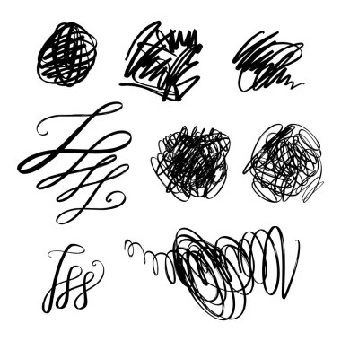 Soyut grunge noktalar kümesi, fırça darbeleri, karalama. Evrensel tasarım dekor öğeleri. Kaotik elle çizilmiş eskizler, beyaz arka plan üzerinde izole