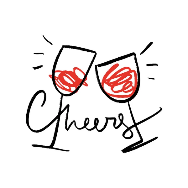 One line art glasses with red wine set, hand drawn sketch. Cheers text