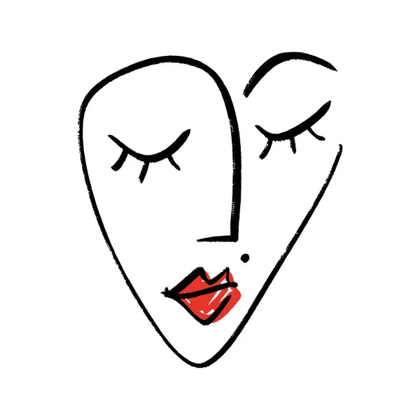 ライン アート女性赤い唇顔肖像画 繊維やその他の印刷します — ストックベクタ