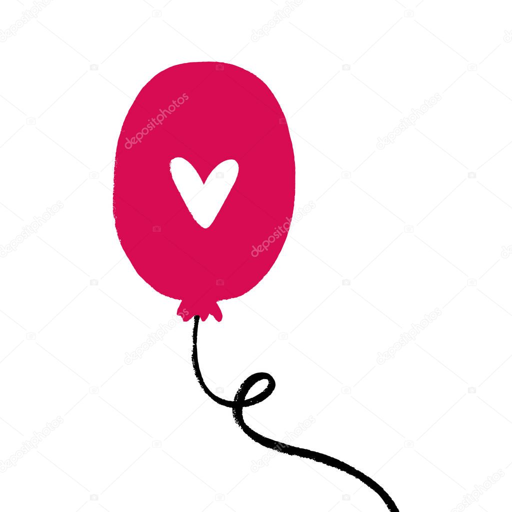 Single balloon with heart illustration, Birthday or Valentine postcard isolated element on white background